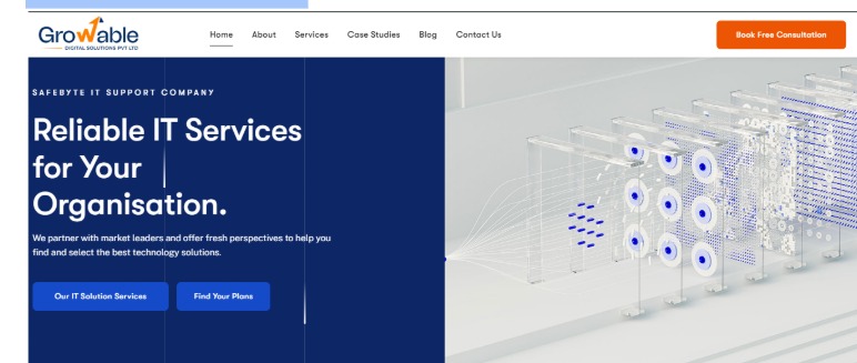 Growable digital solutions homepage highlighting reliable IT services for organisations with a modern tech themed visual and service call to action buttons