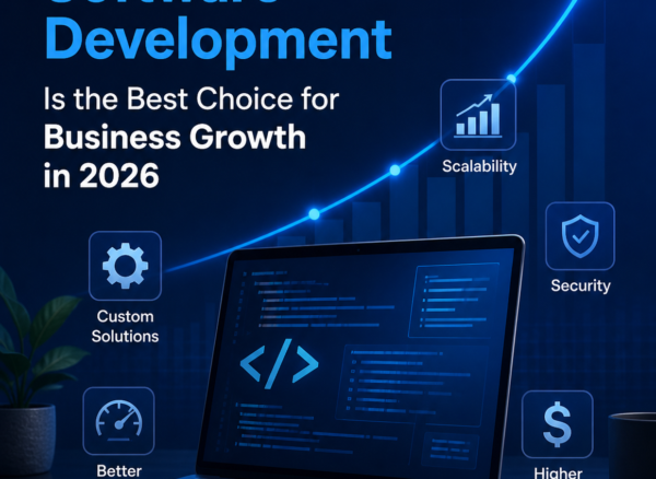custom software development for business growth 2026 showing scalable solutions security performance and ROI benefits