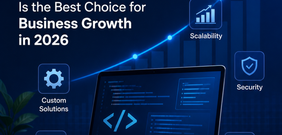 custom software development for business growth 2026 showing scalable solutions security performance and ROI benefits
