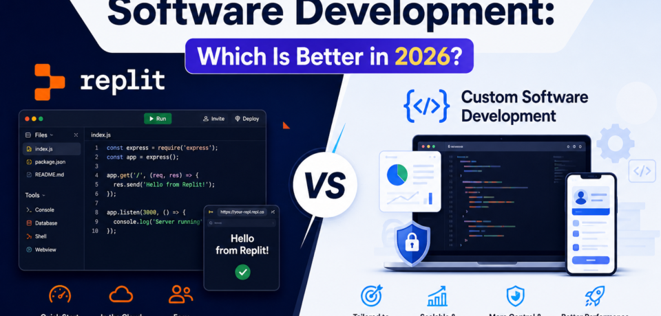 Replit vs custom software development comparison showing cloud coding platform vs scalable custom-built solutions in 2026