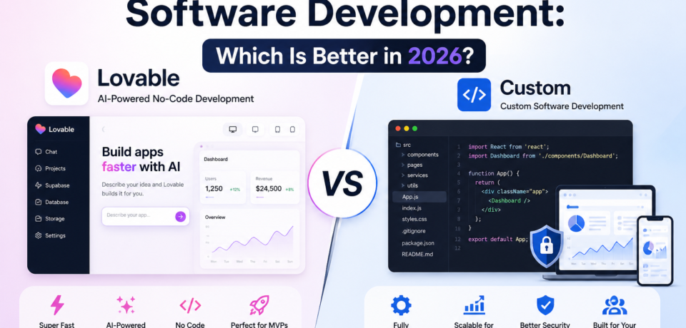 Lovable vs custom software development comparison showing no code ai platform vs scalable custom built software solutions in 2026