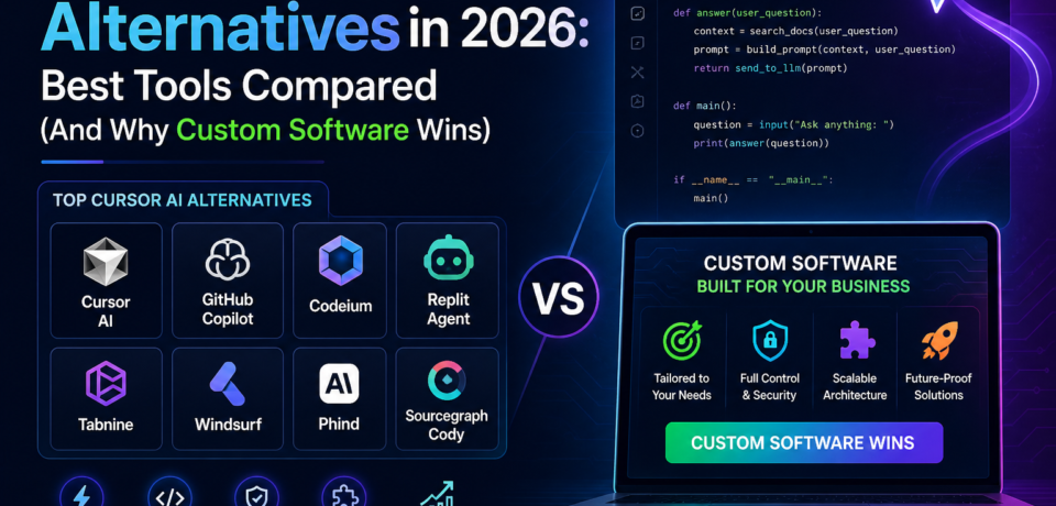cursor ai alternatives in 2026 comparison showing AI coding tools, custom software development benefits, scalability, and developer workspace