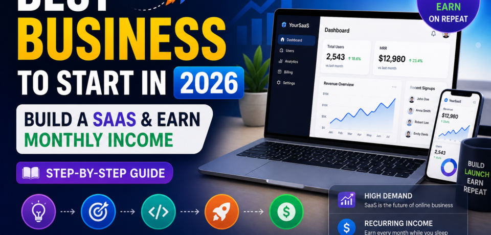 best business to start in 2026 build a saas and earn monthly income step by step guide with dashboard and growth visuals