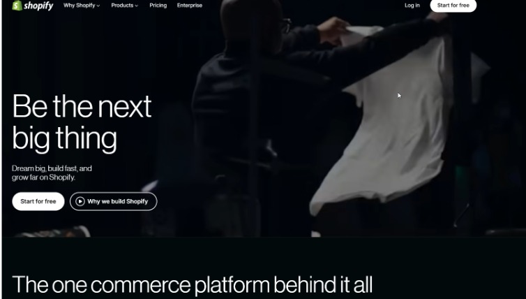 Shopify ecommerce platform homepage showing online store setup and business growth tools