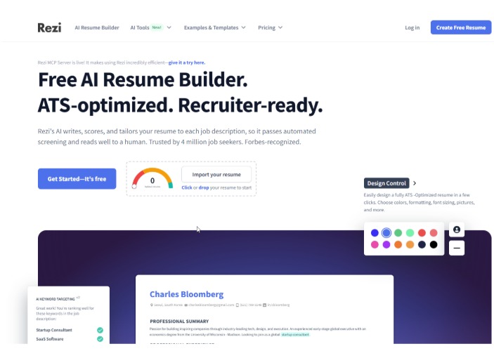 Rezi AI resume builder interface showing ATS optimized resume creation and scoring system