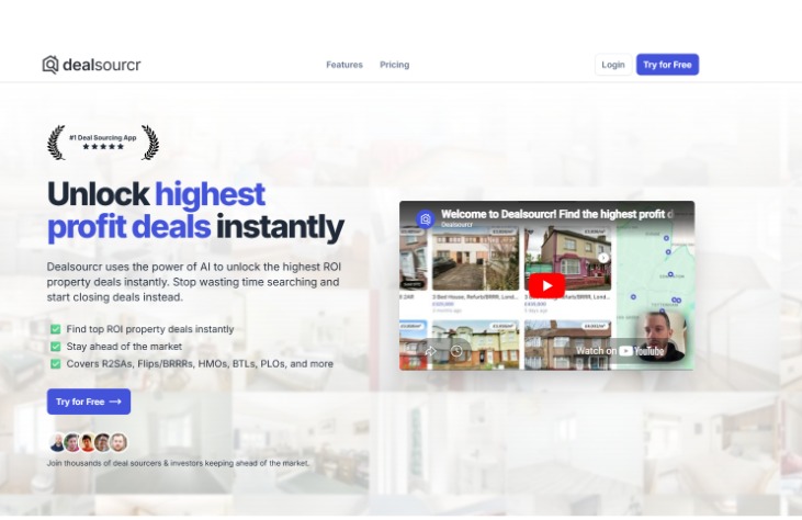 Dealsourcr AI platform showing property deal sourcing dashboard with real estate listings and profit analysis