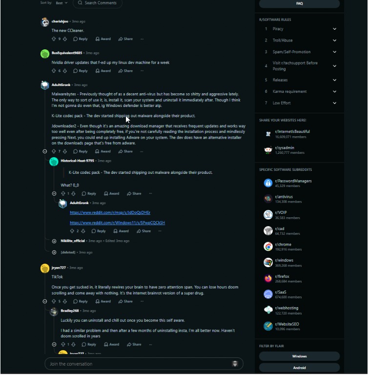Online discussion forum thread showing user comments about software issues, malware concerns, and tech experiences