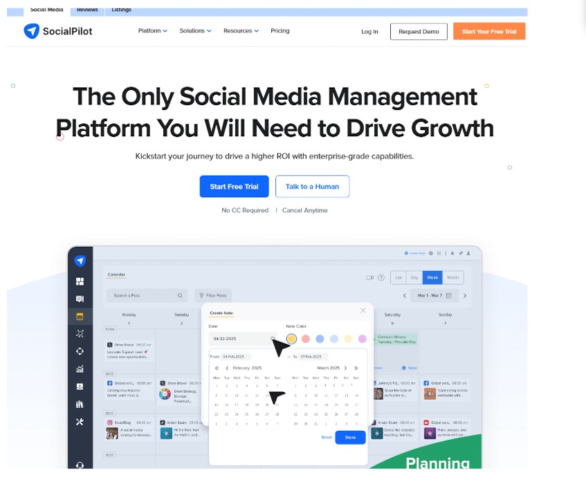 SocialPilot white label social media management dashboard showing content calendar and scheduling tools