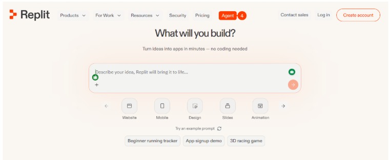 Replit AI coding tool interface showing prompt-based app builder for creating software without coding in 2026