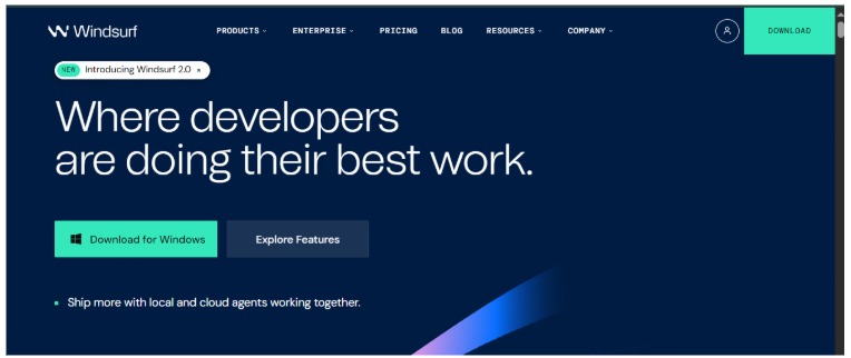 Screenshot of the Windsurf AI coding platform homepage with the headline “Where developers are doing their best work” and a download button on a blue interface