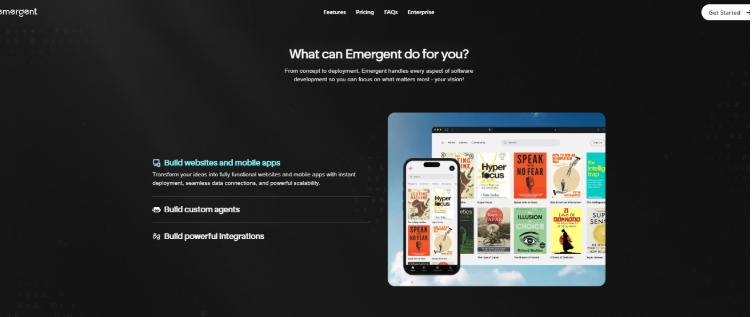 Emergent AI platform homepage showing “What can Emergent do for you” with features like building apps custom agents and integrations alongside a multi device app preview