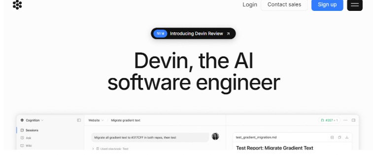 Devin AI interface showing the headline “Devin the AI software engineer” with a task workspace for coding and reviewing projects