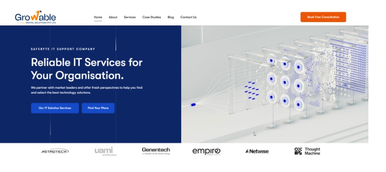 Growable IT services website homepage showing reliable IT solutions for organizations with a modern technology infrastructure illustration