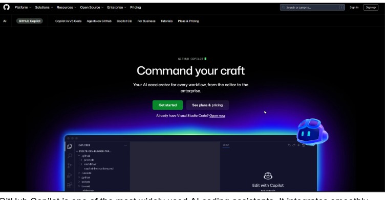 GitHub Copilot interface showing AI coding assistant integrated with code editor and automation features
