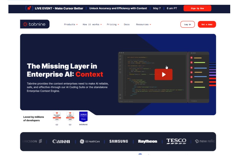 Tabnine AI coding assistant interface showing enterprise AI context engine with code editor and automation features