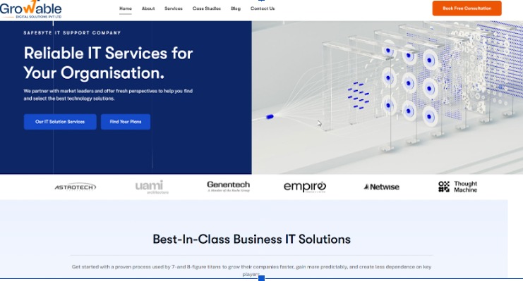 IT services website homepage showing reliable business IT solutions with digital infrastructure and network visualization
