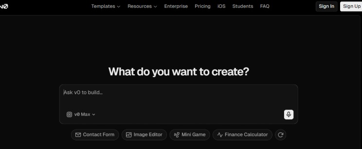 V0 AI interface showing prompt based tool for building apps and tools in 2026