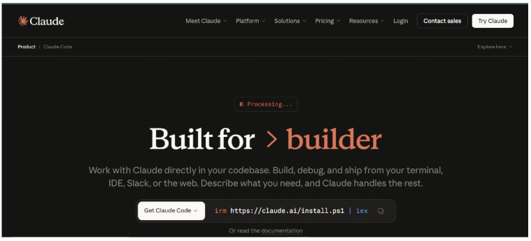 Screenshot of the Claude AI coding interface with the headline “Built for builder” displayed on a dark themed page, highlighting prompt based app development.
