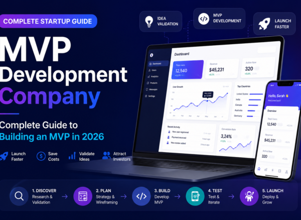 MVP Development Company: Complete Startup Guide to Building an MVP in 2026 Modern featured image showing MVP development process with startup dashboards, mobile app screens, and stages from idea validation to product launch.