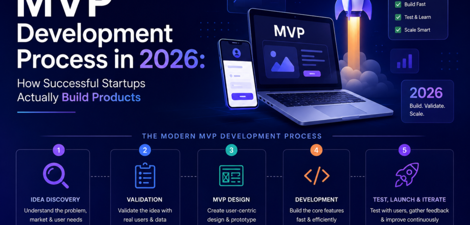 MVP development process in 2026 infographic showing idea validation, MVP design, development, testing, and startup product launch strategy.