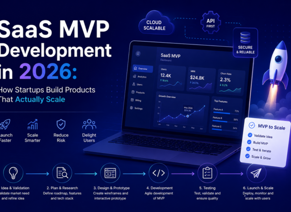 SaaS MVP Development in 2026 How Startups Build Scalable Products SaaS MVP development in 2026 infographic showing scalable startup product building process, cloud architecture, agile development, testing, and product launch workflow.