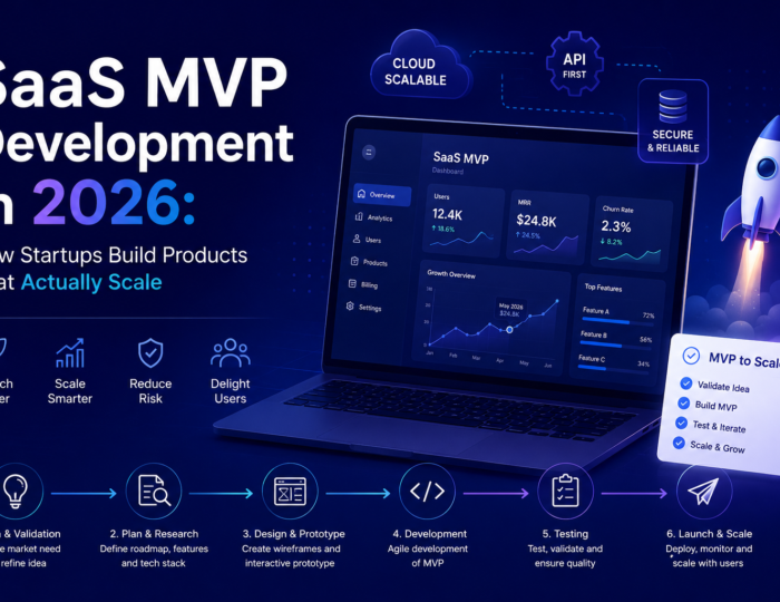 SaaS MVP development in 2026 infographic showing scalable startup product building process, cloud architecture, agile development, testing, and product launch workflow.