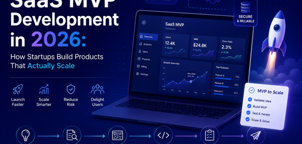 SaaS MVP development in 2026 infographic showing scalable startup product building process, cloud architecture, agile development, testing, and product launch workflow.