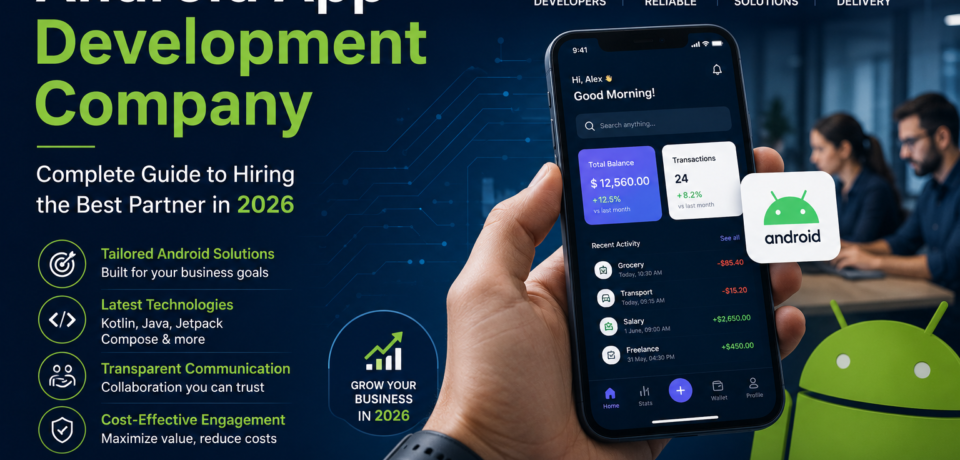 Android app development company featured image showing mobile app interface, Android branding, and expert developers building scalable business apps in 2026.
