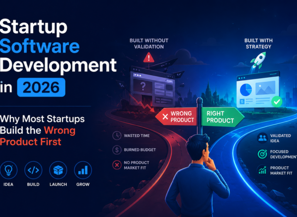 Startup Software Development in 2026: Why Most Startups Build the Wrong Product First Startup founder choosing between wrong product development and strategic software development path with validation, product-market fit, and growth roadmap in 2026