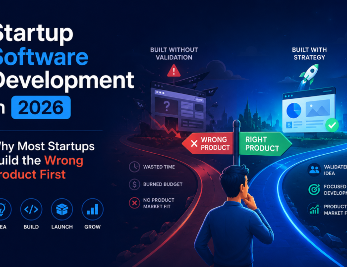 Startup founder choosing between wrong product development and strategic software development path with validation, product-market fit, and growth roadmap in 2026