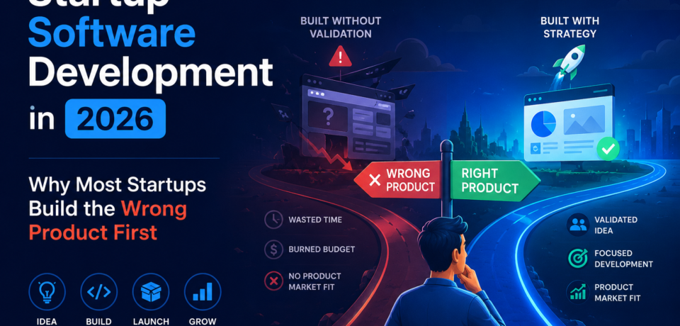 Startup founder choosing between wrong product development and strategic software development path with validation, product-market fit, and growth roadmap in 2026