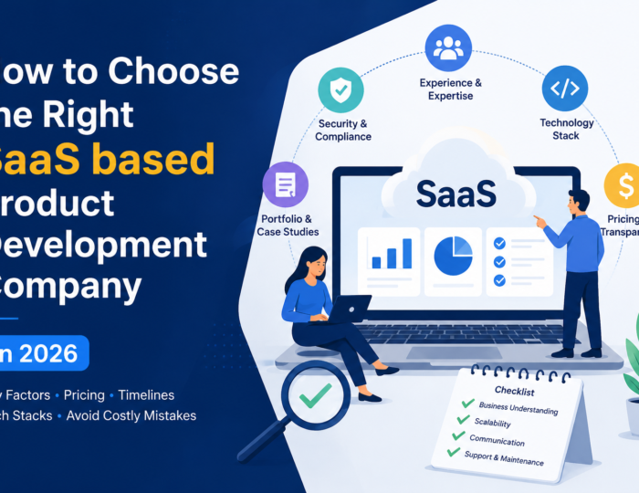 How to choose the right SaaS product development company in 2026 with pricing, technology stack, security, scalability, and portfolio evaluation checklist illustration