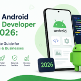 Modern blog banner featuring an Android smartphone mockup, Android mascot, and the text “Hire Android App Developer in 2026: Complete Guide for Startups & Businesses.”