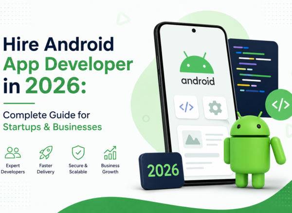 Hire Android App Developer in 2026 Featured Blog Image Modern blog banner featuring an Android smartphone mockup, Android mascot, and the text “Hire Android App Developer in 2026: Complete Guide for Startups & Businesses.”