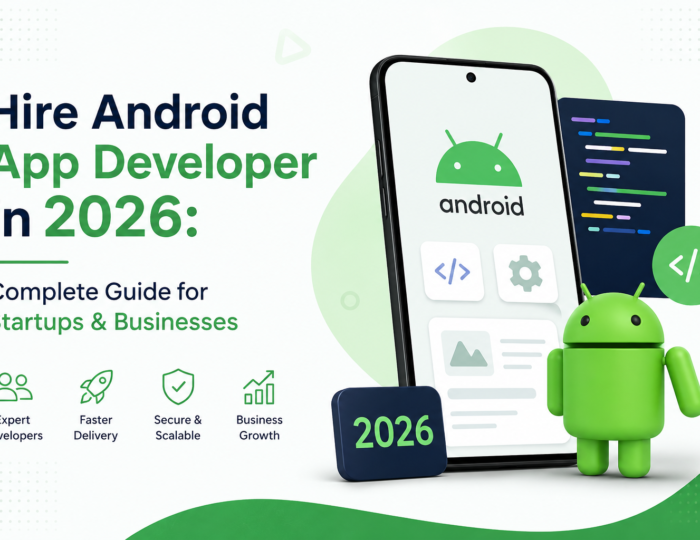 Modern blog banner featuring an Android smartphone mockup, Android mascot, and the text “Hire Android App Developer in 2026: Complete Guide for Startups & Businesses.”