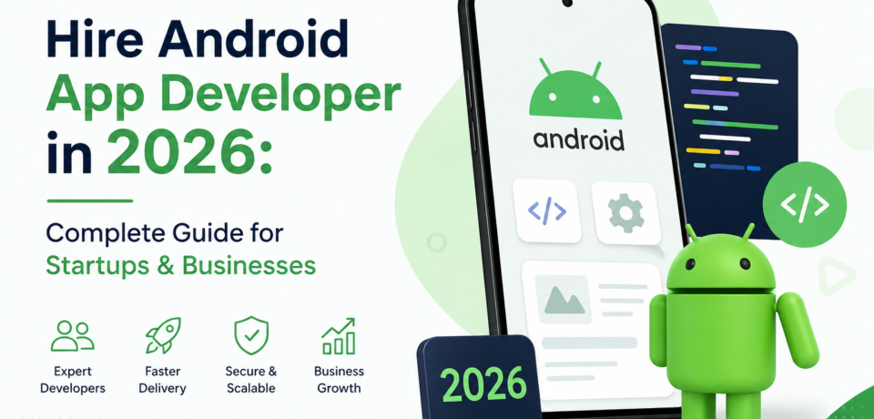 Hire Android App Developer in 2026 Featured Blog Image Modern blog banner featuring an Android smartphone mockup, Android mascot, and the text “Hire Android App Developer in 2026: Complete Guide for Startups & Businesses.”