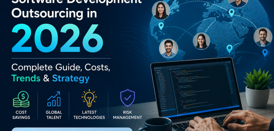 Software development outsourcing 2026 featured image showing global remote developers, coding workspace, outsourcing strategy, cost savings, and international software teams