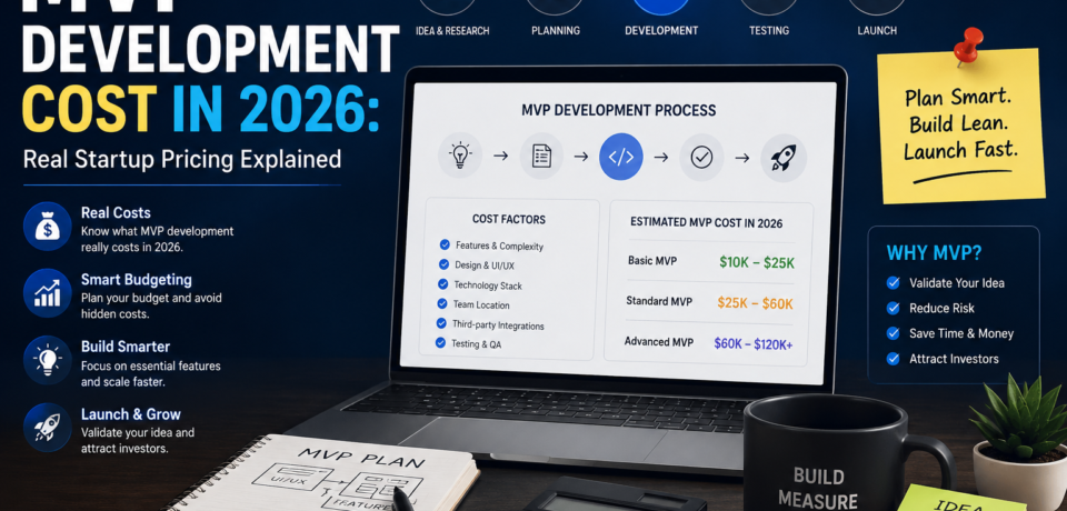 MVP development cost in 2026 infographic showing startup pricing, MVP planning, software development stages, and real cost estimates for founders.