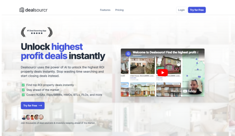 AI-powered real estate investment platform homepage showcasing property deal analysis, ROI discovery tools, and investment sourcing features.