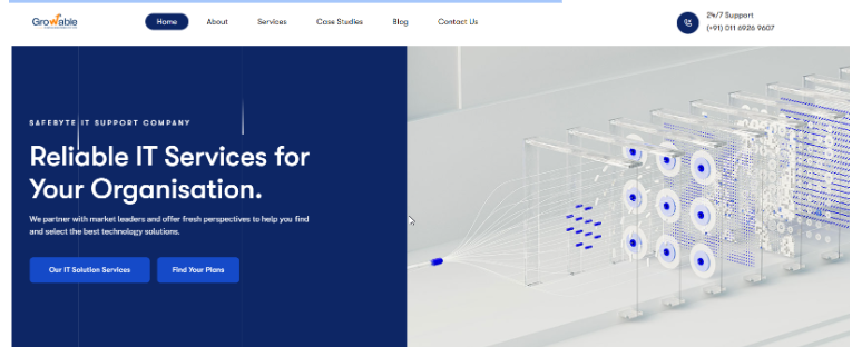 IT services company homepage featuring enterprise technology solutions, digital infrastructure visuals, and business support services.