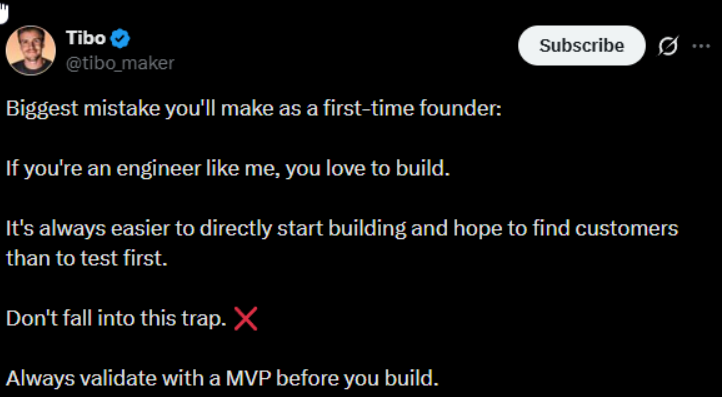 Tweet about startup MVP validation explaining that first-time founders should test and validate ideas with an MVP before building a full product in 2026.