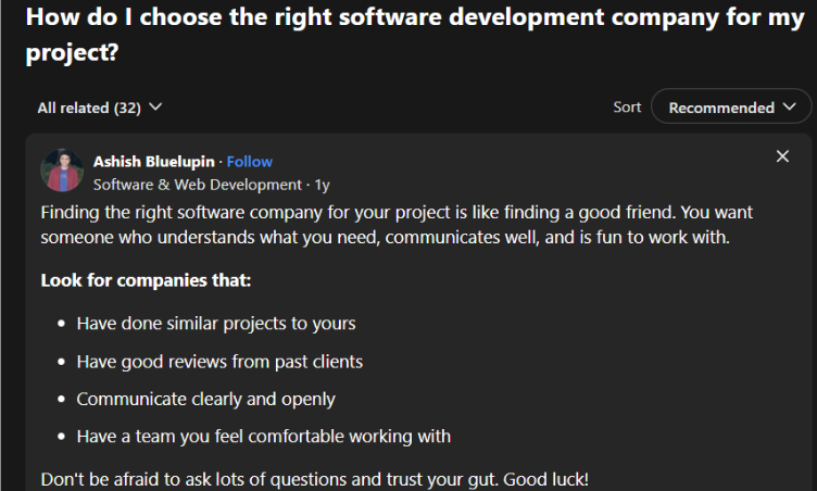 Screenshot showing advice on how to choose the right software development company for a startup MVP project, including tips on communication, reviews, and experience.