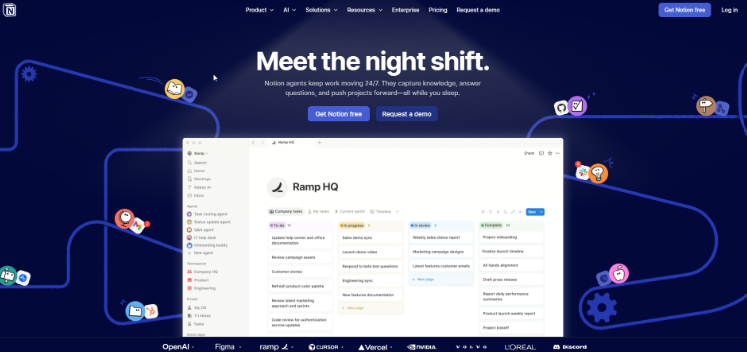 Homepage banner showing an AI-powered workspace dashboard with automated workflows, task management boards, and productivity tools for teams.