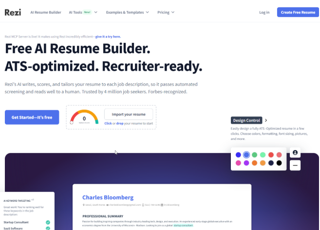 AI resume builder homepage showing ATS-optimized resume creation tools, resume scoring, and recruiter-ready templates.
