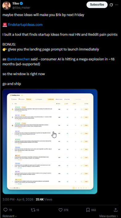 Social media post showcasing an AI powered startup idea discovery platform that collects business ideas from Reddit and Hacker News pain points with a dashboard style interface.