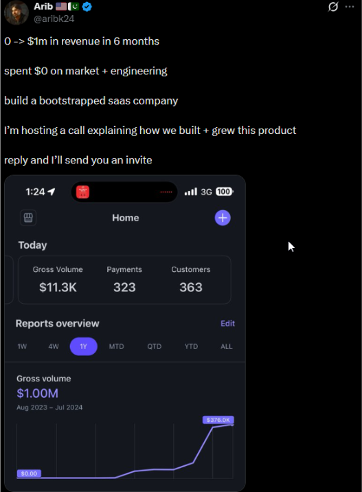 Social media post showing a bootstrapped SaaS founder sharing growth metrics and a mobile dashboard displaying revenue, payments, customers, and business analytics.