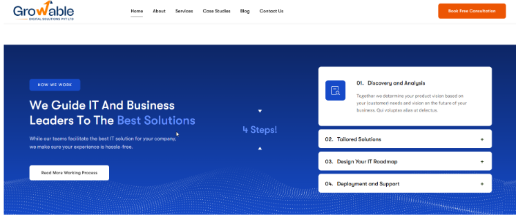 SaaS product development company website homepage showcasing IT consulting services, business solutions, discovery analysis, roadmap planning, and deployment support in 2026