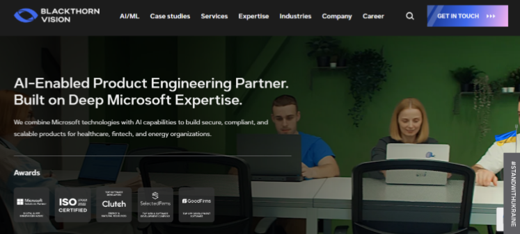 AI-enabled SaaS product engineering company website showcasing Microsoft expertise, scalable software development, AI solutions, and enterprise product development services