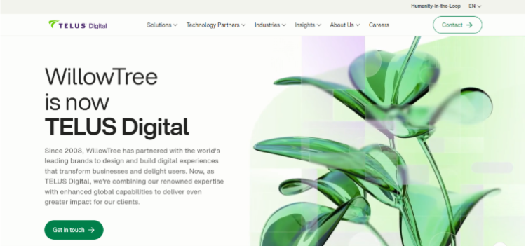 TELUS Digital website homepage showcasing SaaS product development, digital transformation services, enterprise software solutions, and modern technology consulting in 2026