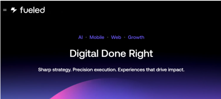 Fueled digital product development company homepage showcasing AI, mobile app development, web development, and SaaS growth solutions in 2026